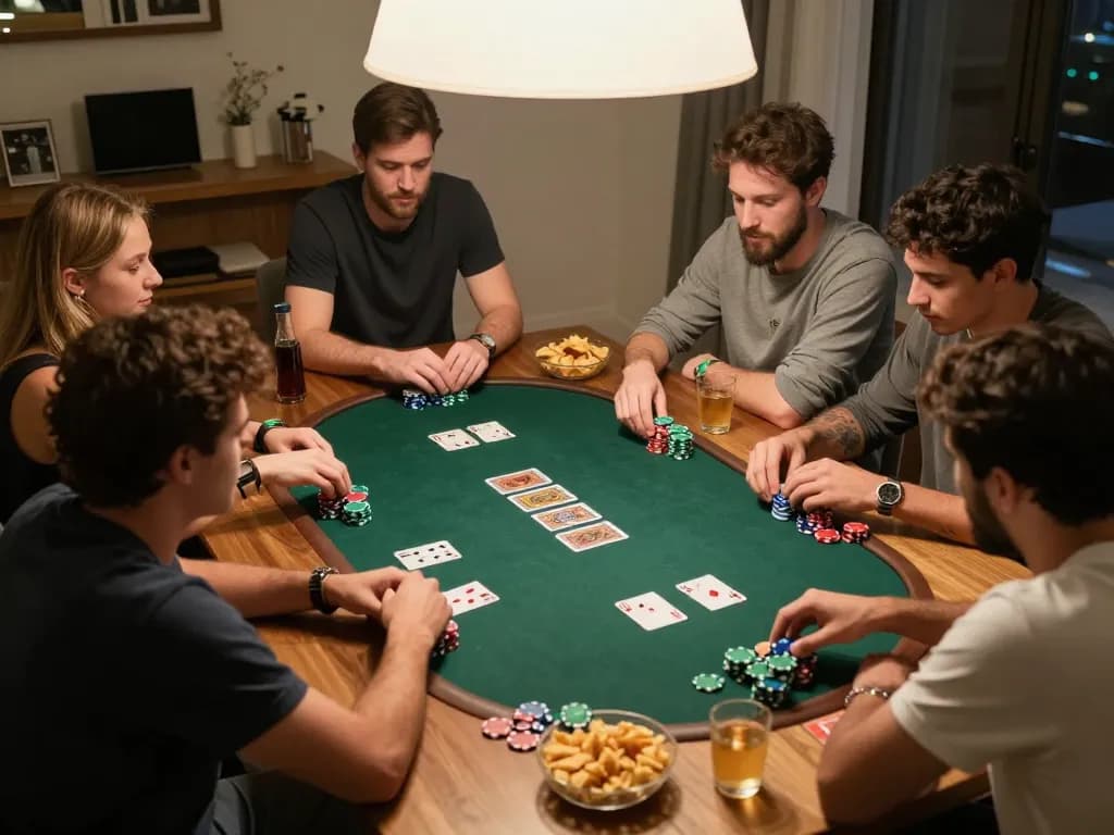 Friends enjoying link cm88 mới nhất during a lively poker game night at home.