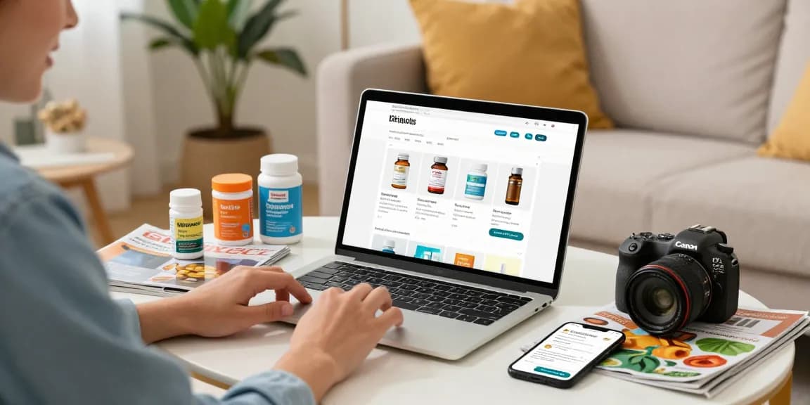 Browsing e-commerce website to buy crystal methamphetamine online in a cozy living room.