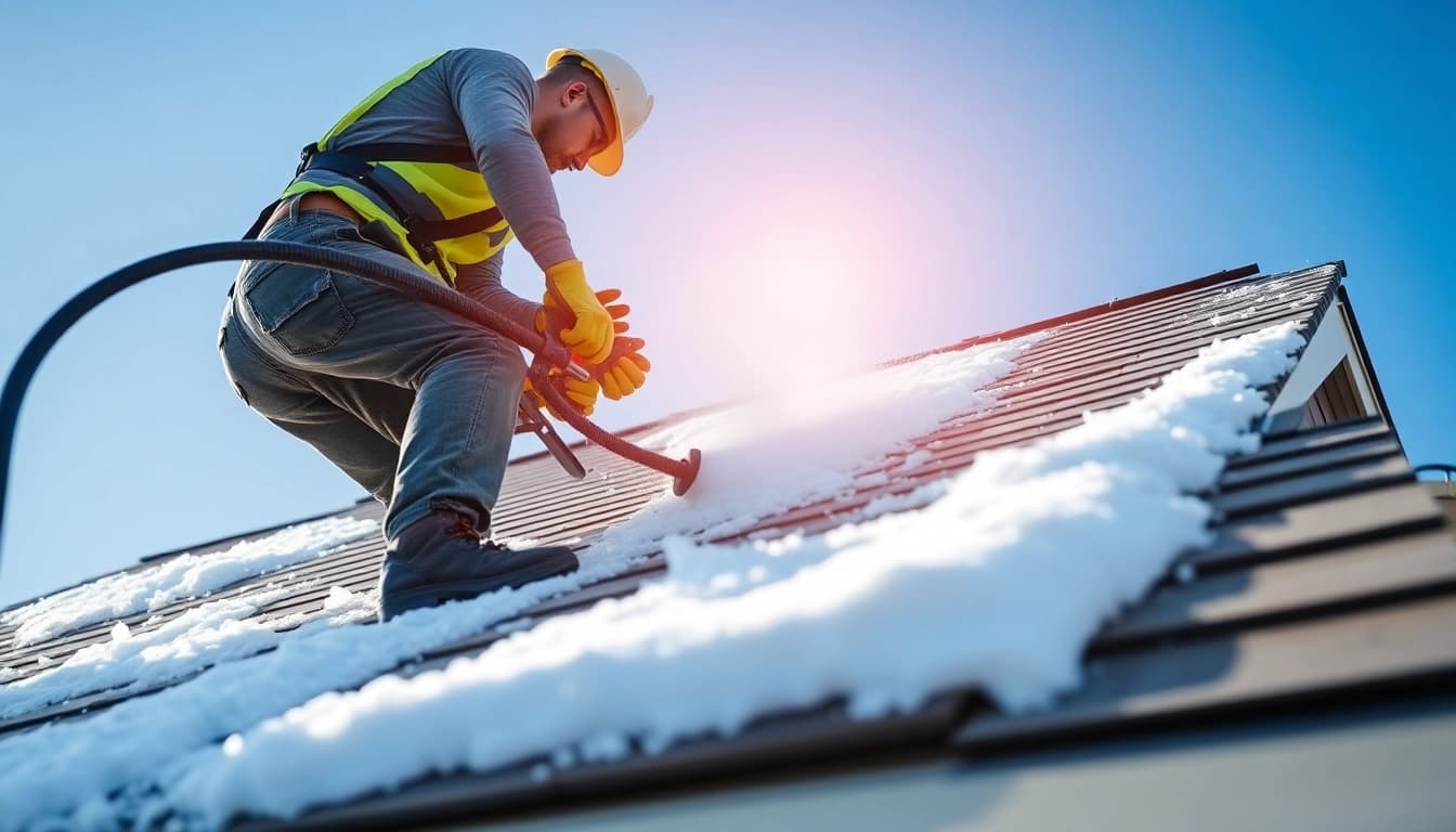 Efficient roof spray foam insulation removal techniques in action by a professional contractor.
