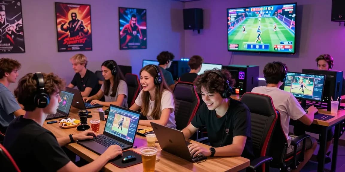 Gamers enjoying sex games online in a colorful digital lounge with various devices.