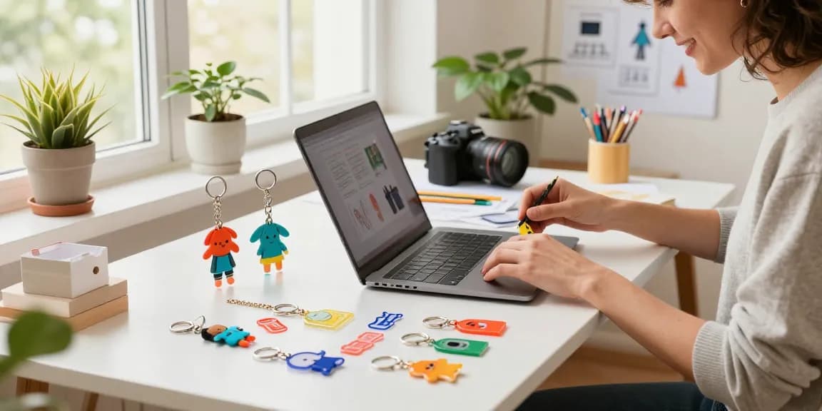 Custom keychains being designed in a colorful creative workspace with samples displayed.