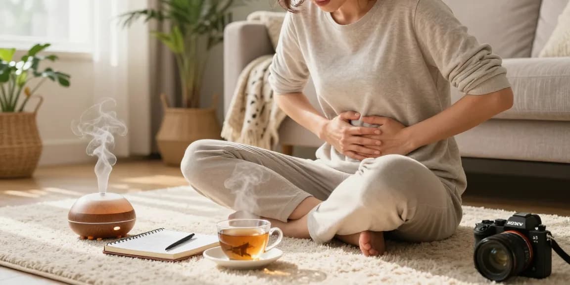 Anxiety stomach pain feels like tightness and cramping in a cozy home setting, showcasing self-care and comfort elements.