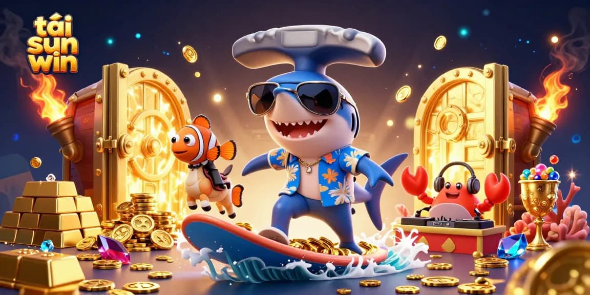Experience thrilling wins with tải sun win in this vibrant casino illustration featuring a shark and a DJ crab.
