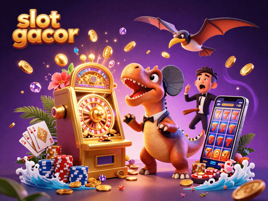 Experience slot gacor excitement as a dinosaur triggers a jackpot amidst flying coins!