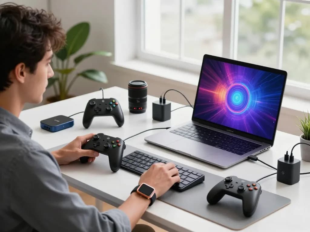 Unique tech gadgets showcased on a modern workspace with Bluetooth devices and bright ambiance.