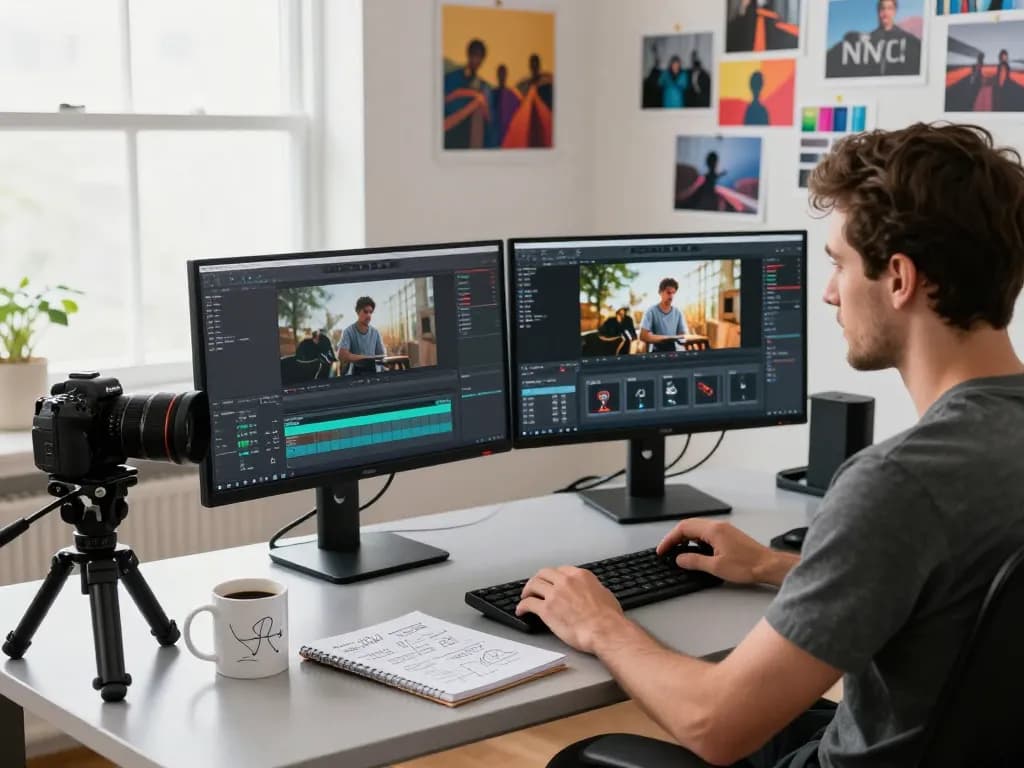 Video creator optimizing kling 2.26 software in a modern motion control studio with dual monitors and creative props.