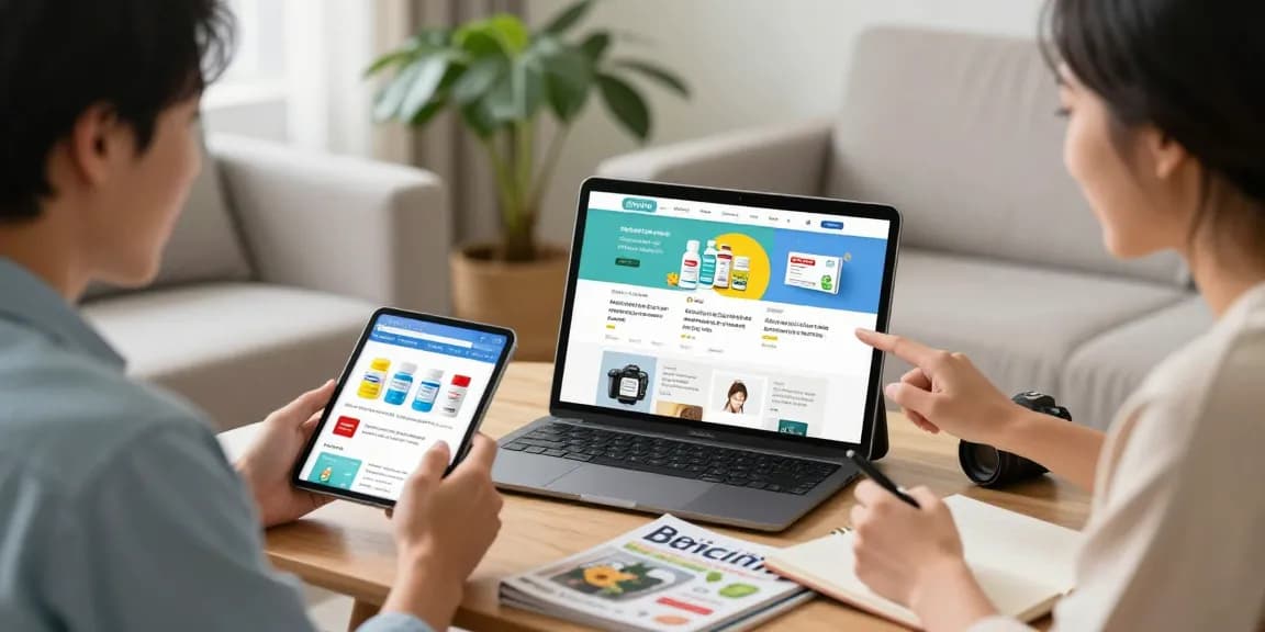 Buy cocaine powder online with engaging e-commerce shopping scene featuring diverse customers exploring pharmaceutical products.