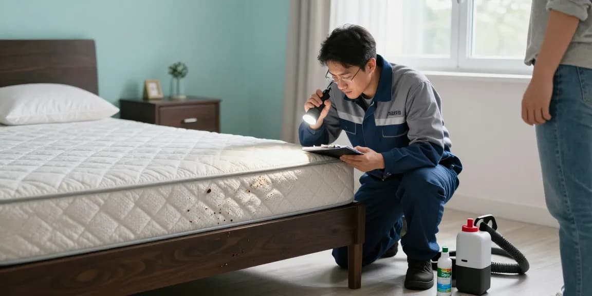 Expert conducting bed bug control inspection in a client's bedroom