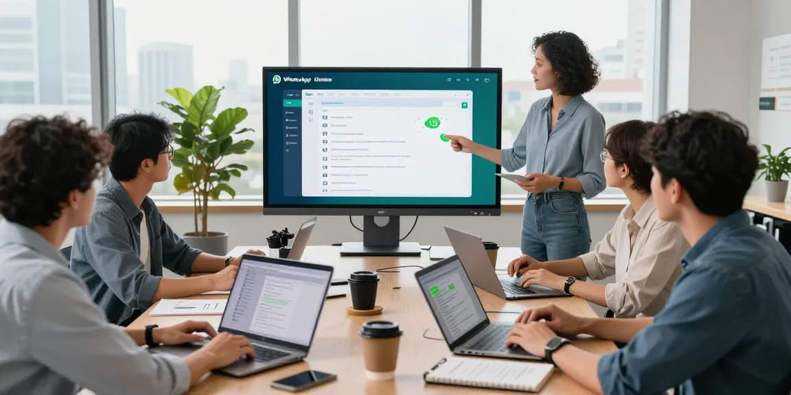Team collaboration showcasing WhatsApp電腦版 in a modern workspace.