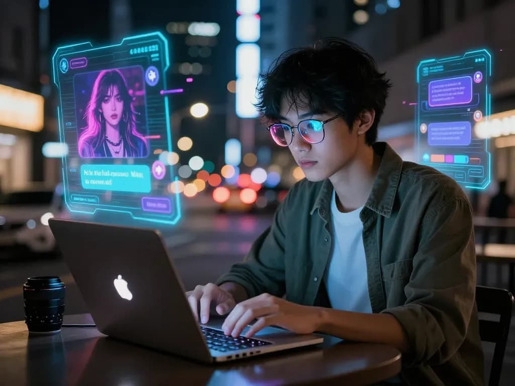 Engaging with ai nsfw character in vibrant urban nightlife, showcasing futuristic interaction.