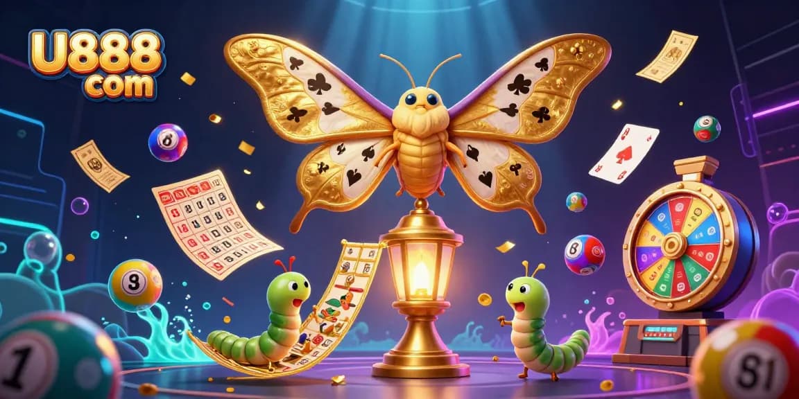 Experience thrilling gameplay at U888 com with vibrant lottery elements and golden casino imagery.