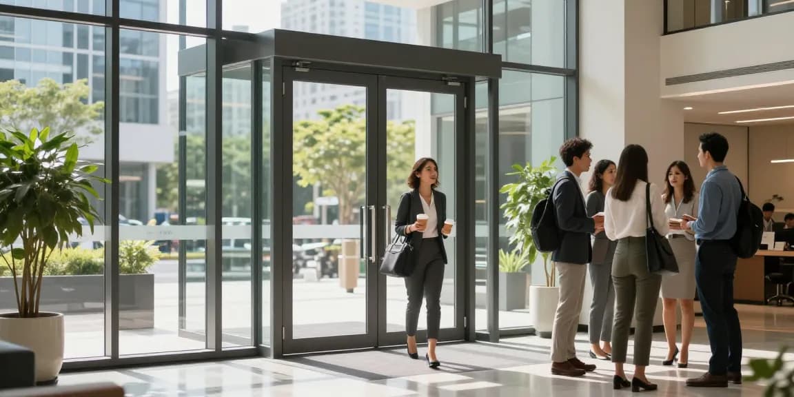 Elegant single leaf double swing door in a corporate lobby with professional entering, showcasing modern design.