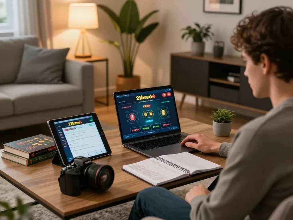 Người chơi thưởng thức trò chơi cờ bạc trực tuyến tại nhà sử dụng 12bet trên laptop với ghi chú chiến lược rõ ràng.