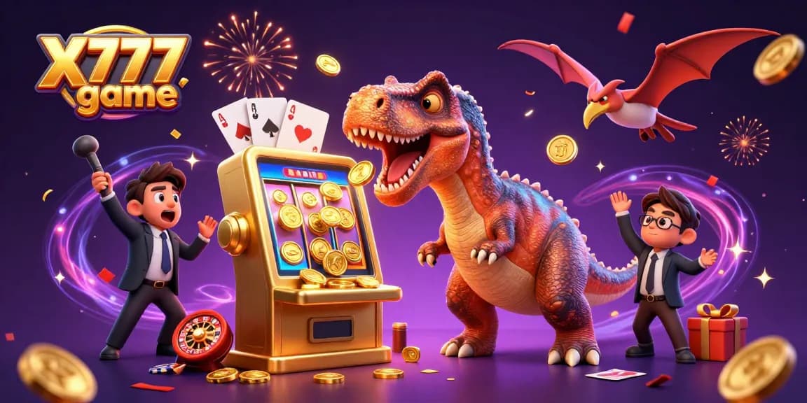 X777 game with a cartoon dinosaur interacting with a slot machine, colorful coins flying around