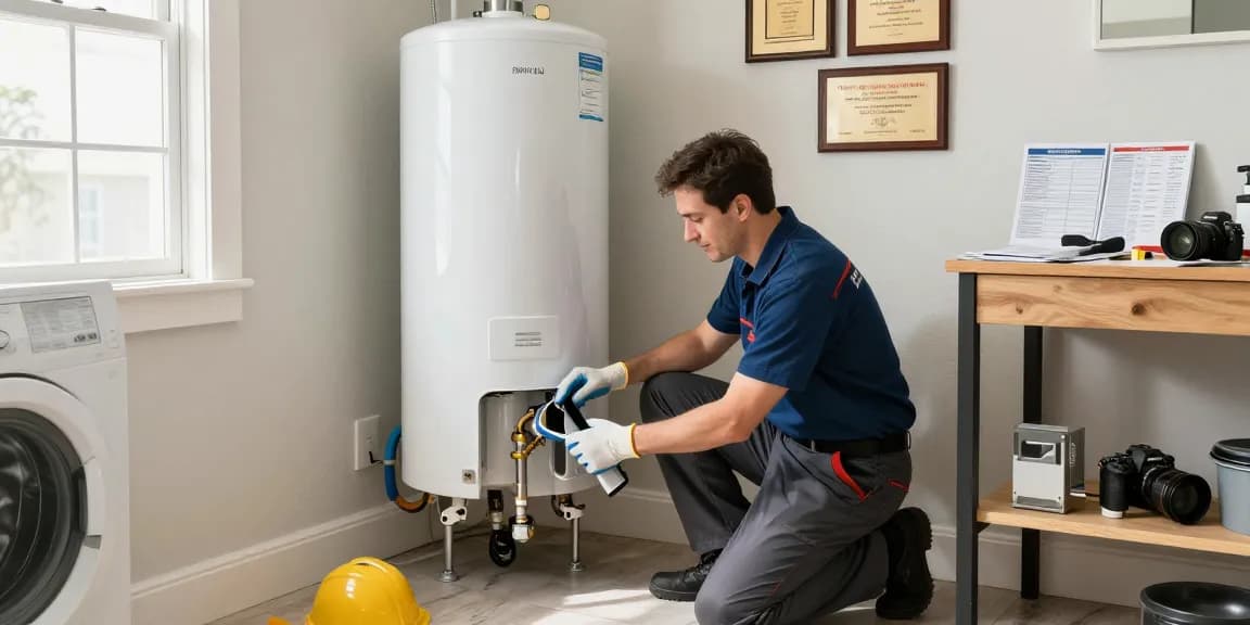 Water heater repair San Diego by expert plumber in modern laundry room.