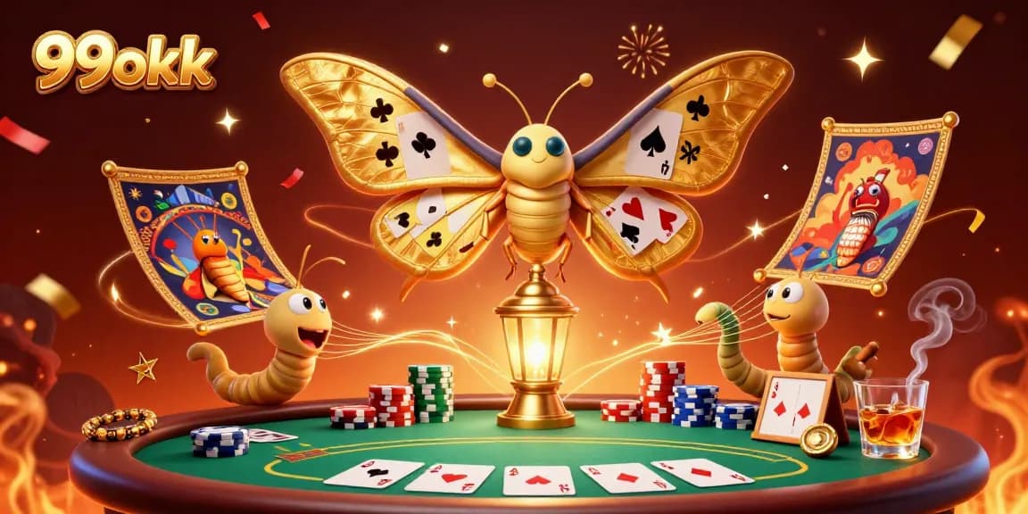 Engage with the vibrant 99okk casino scene featuring an atlas moth and poker elements.