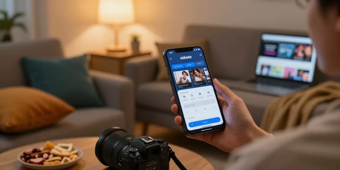 Smartphone user enjoying Vidmate for video downloads in cozy living room.
