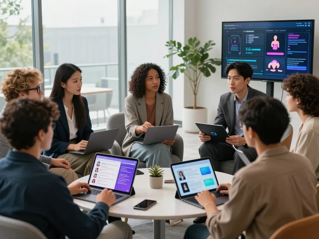 Engaged discussion on sex AI innovations in a modern tech environment.