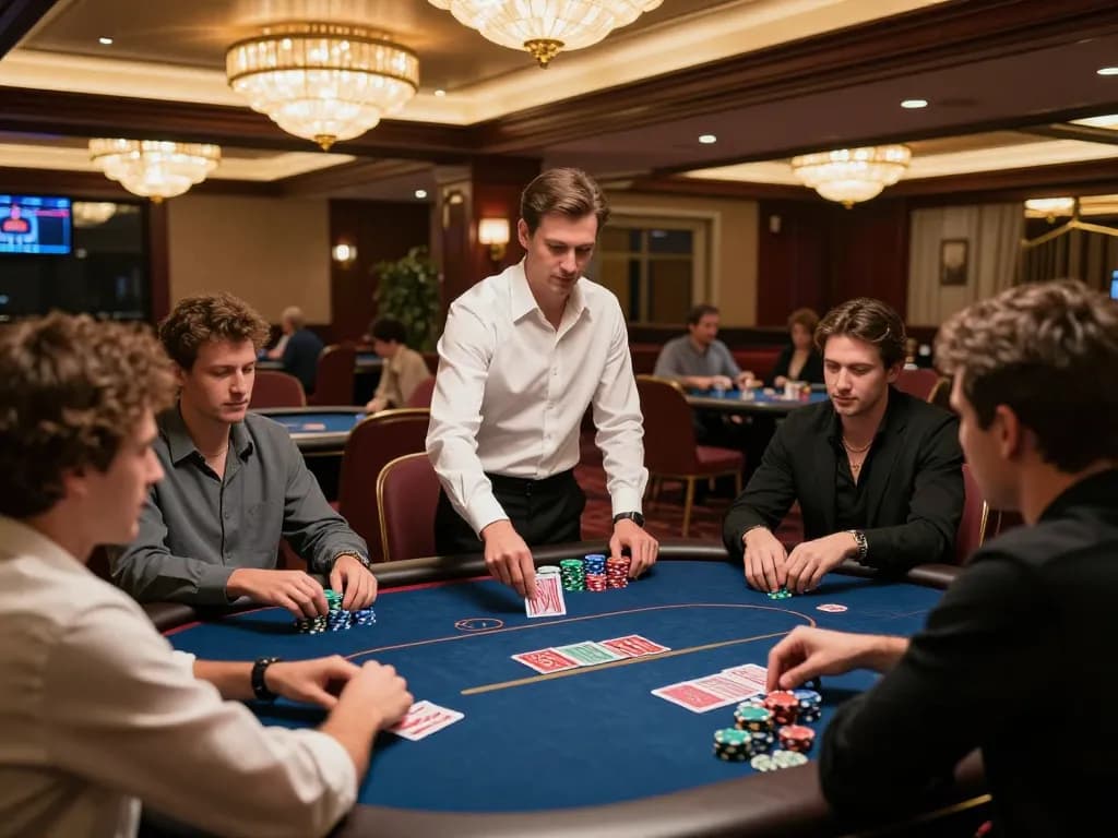 CM88 players strategizing during an intense poker game in a luxurious casino environment.