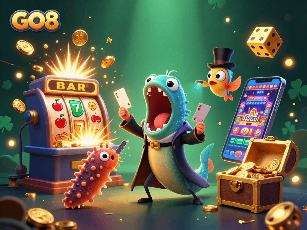 Experience exciting gambling with GO8's animated scene featuring a jackpot explosion and magical sea creatures.