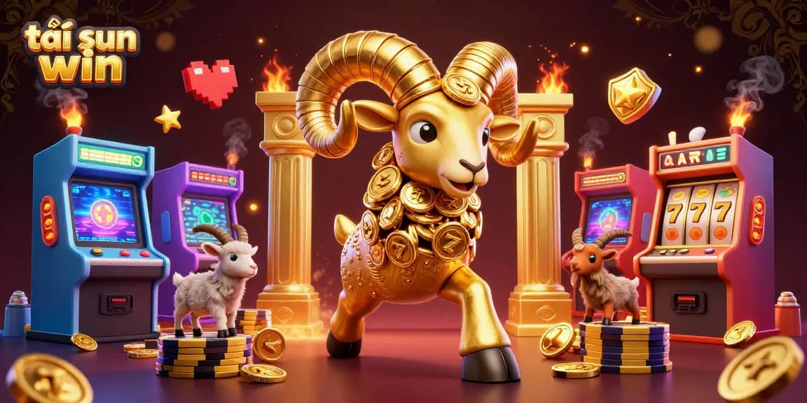 Experience excitement and action with tải sun win, featuring a golden ram and dynamic casino elements.