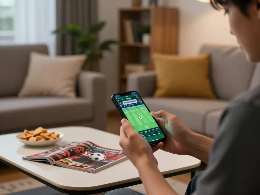 Mengikuti taruhan Judi Bola di aplikasi smartphone di ruang tamu yang nyaman.