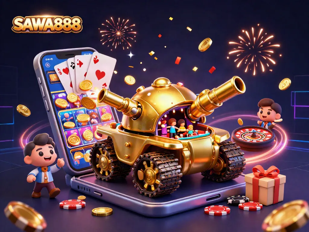SAWA888 showcases an engaging 3D illustration of a golden tank revealing a casino, emphasizing excitement.