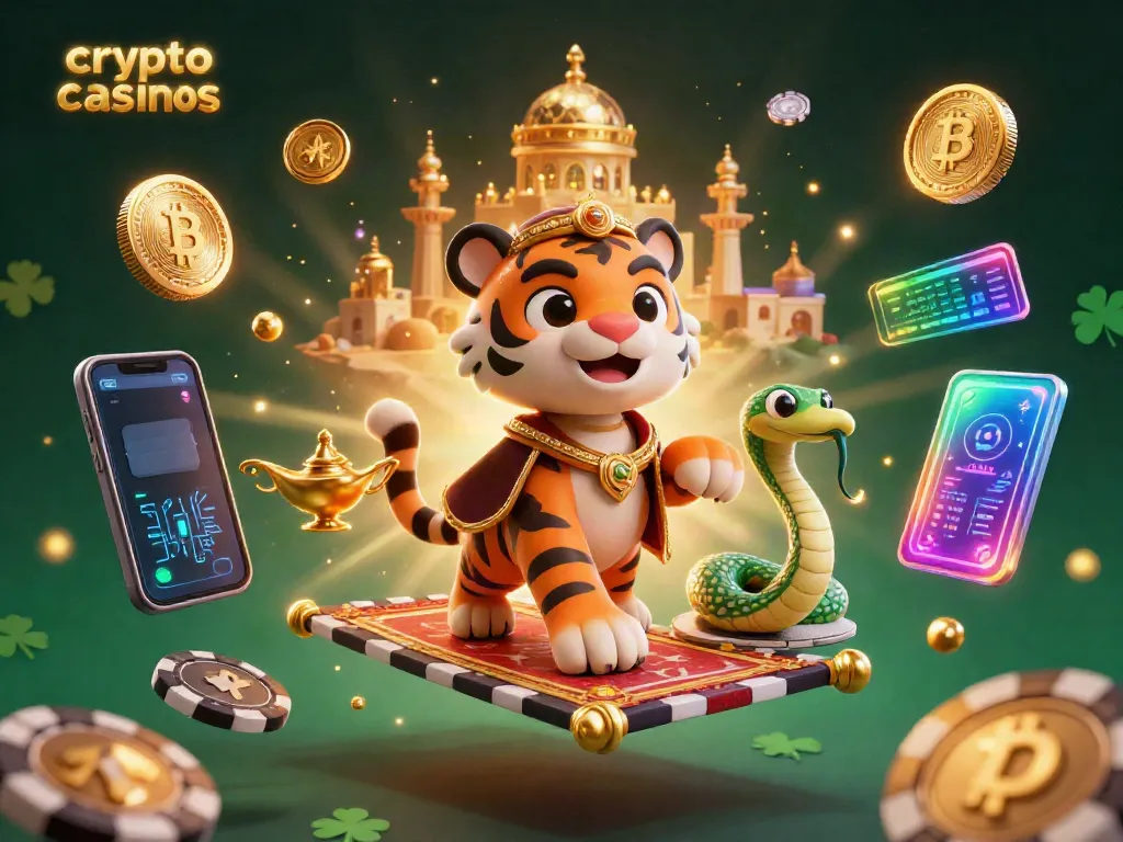 Experience thrilling gameplay at crypto casinos with a fantastical Arabian Nights-themed scene featuring vibrant elements.