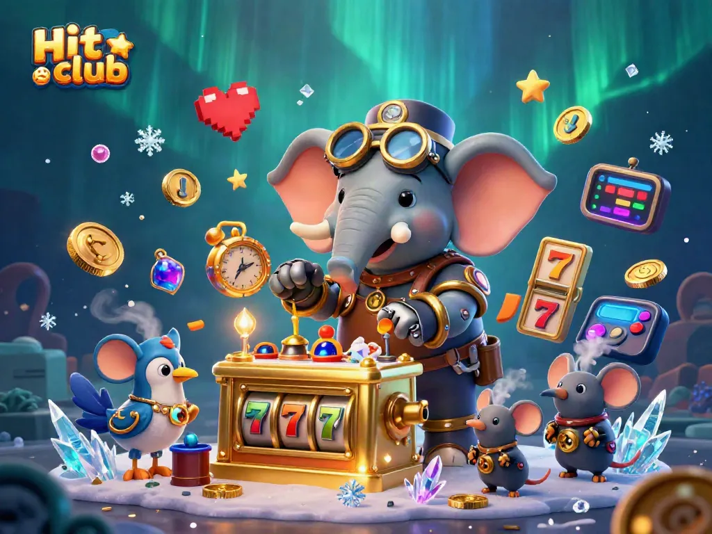 Experience the excitement at Hit club with a steampunk elephant operating a golden slot machine.