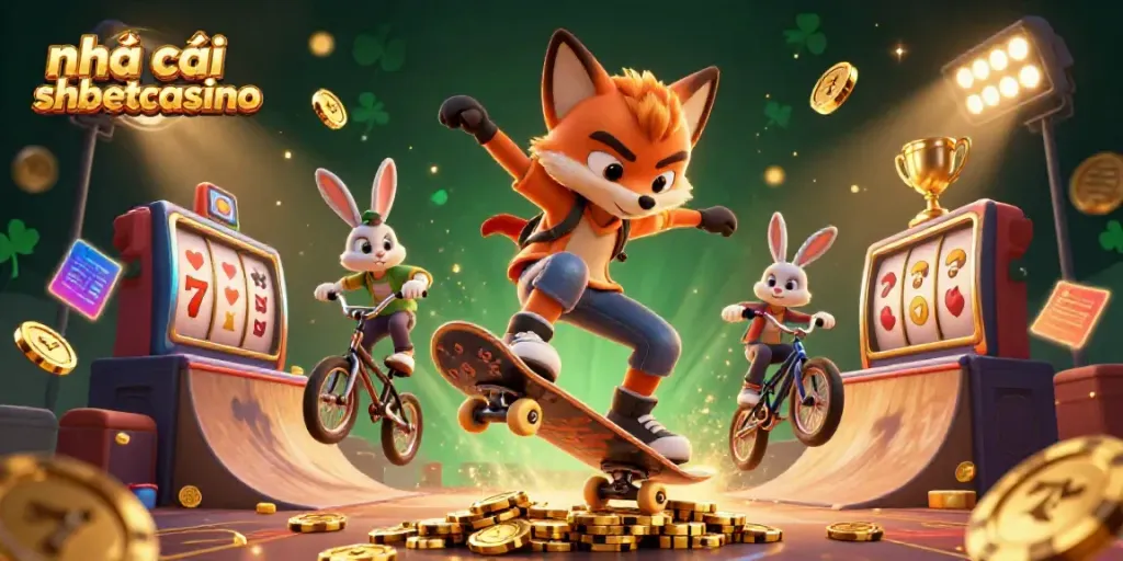 Dynamic illustration featuring nhà cái shbetcasino with a skateboarder fox and BMX rabbit in a vibrant casino setting.