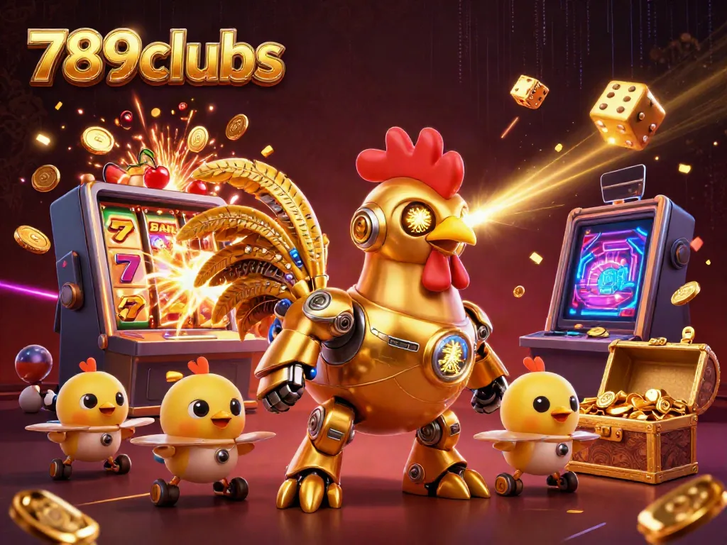 Experience the excitement of 789clubs with vibrant gaming elements and a unique golden rooster robot character.