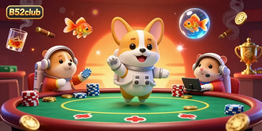 B52club immersive poker scene featuring a cheerful corgi and mission-control hamster within a vibrant casino.
