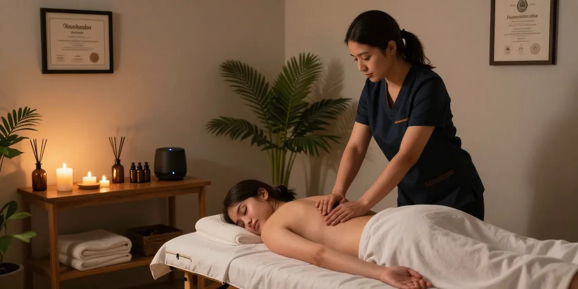 Relaxation scene featuring 광명출장마사지 professional applying soothing techniques in a serene massage room.