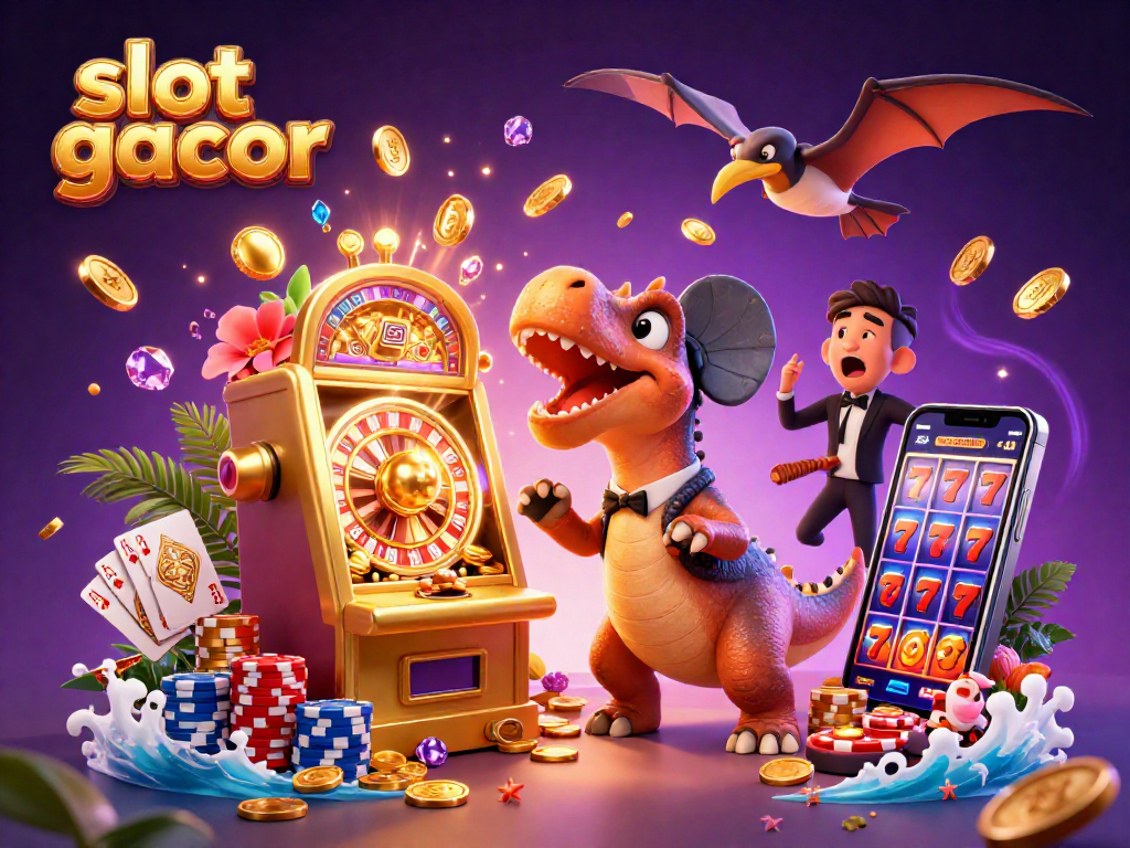 Experience slot gacor excitement as a dinosaur triggers a jackpot amidst flying coins!