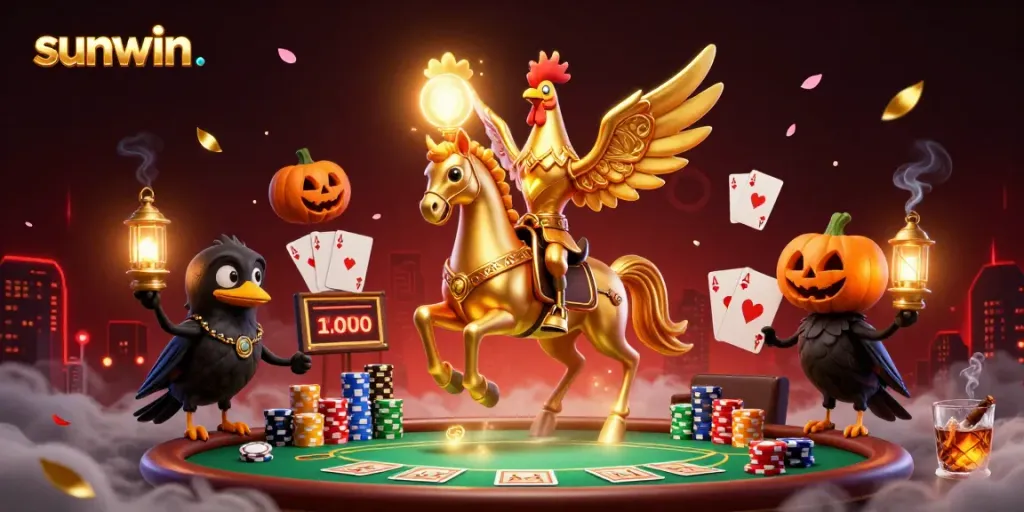 Experience dynamic gambling at a midnight casino with sunwin. featuring a golden rooster and poker elements.