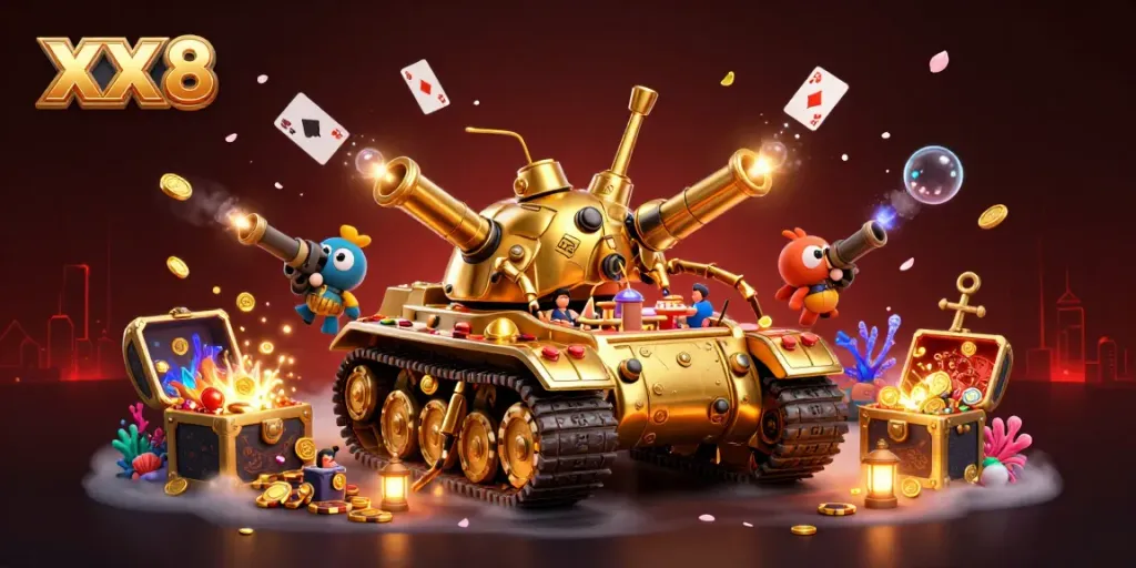 Experience the thrill of winning at XX 8's lively miniature casino inside a golden beetle tank.