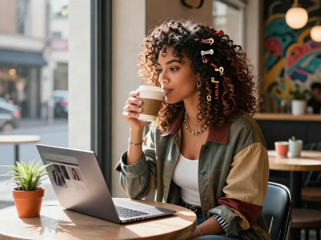 Curly clip in hair extensions displayed on a stylish urban woman enjoying a coffee.
