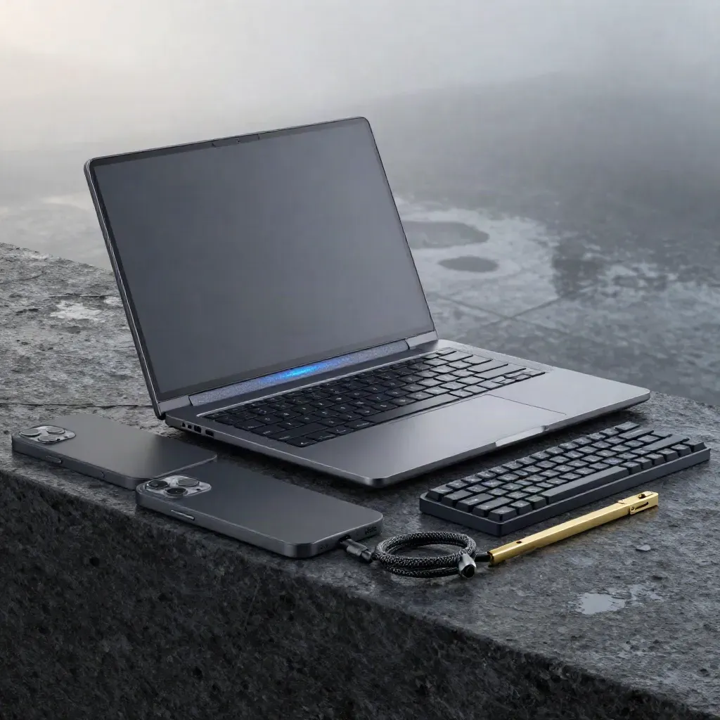 Charcoal laptop, blank phones, keyboard slab and brass clamp on dark stone.