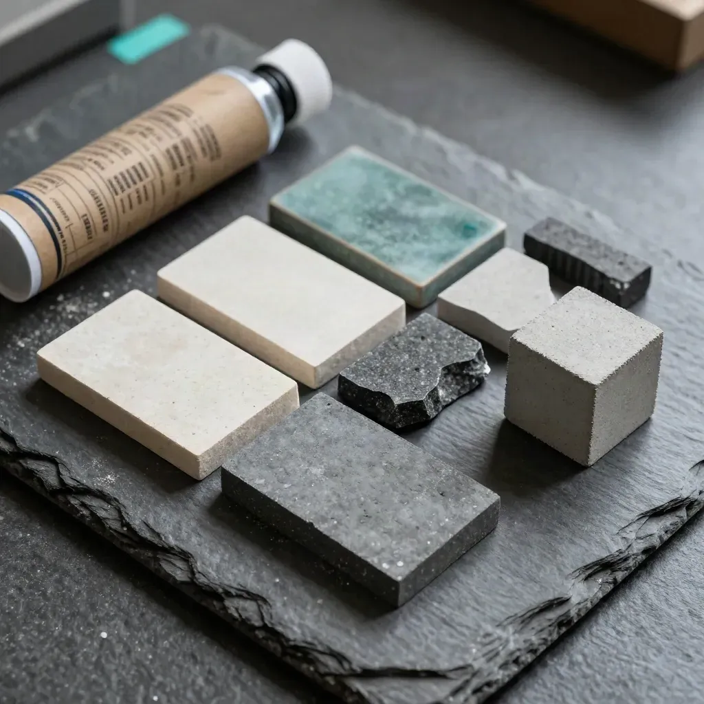 Top-down macro of material chips, a closed plan tube and concrete cube on slate with teal accent.