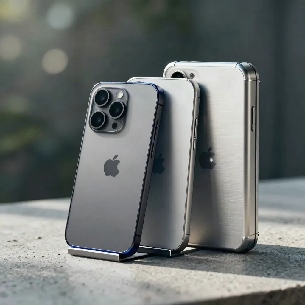 Prototype phone shells, anodized stand, and aluminum portfolio case in soft daylight behind frosted glass.