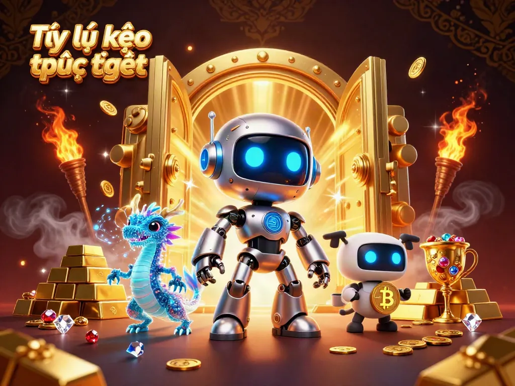 Experience Tỷ lệ kèo trực tuyến with a futuristic robot mascot amidst vibrant casino riches.