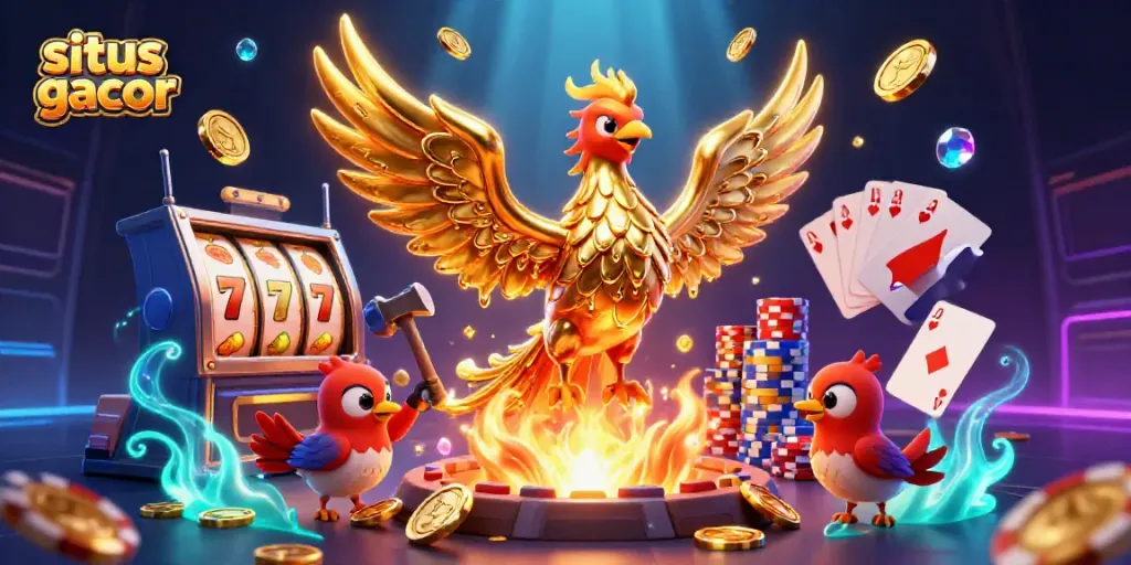 Experience exhilarating wins at situs slot gacor with a stunning illustration of a golden phoenix and casino elements.