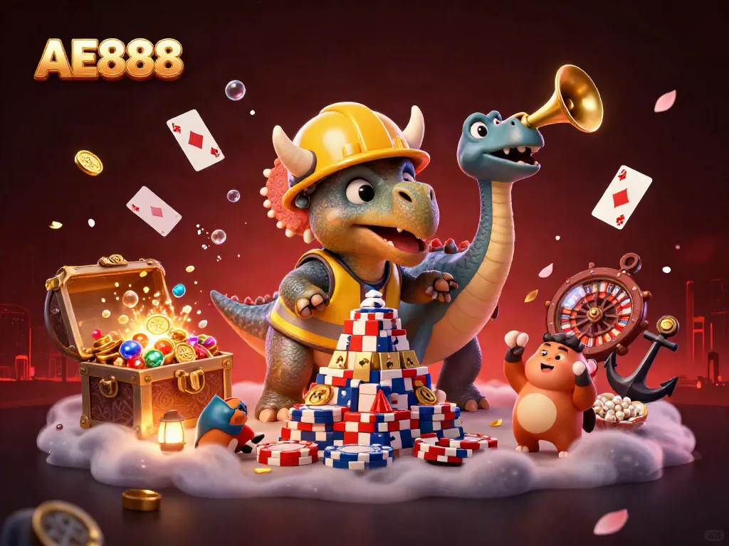 Engage with AE888 casino adventures through a vibrant 3D scene of playful characters celebrating gambling excitement.