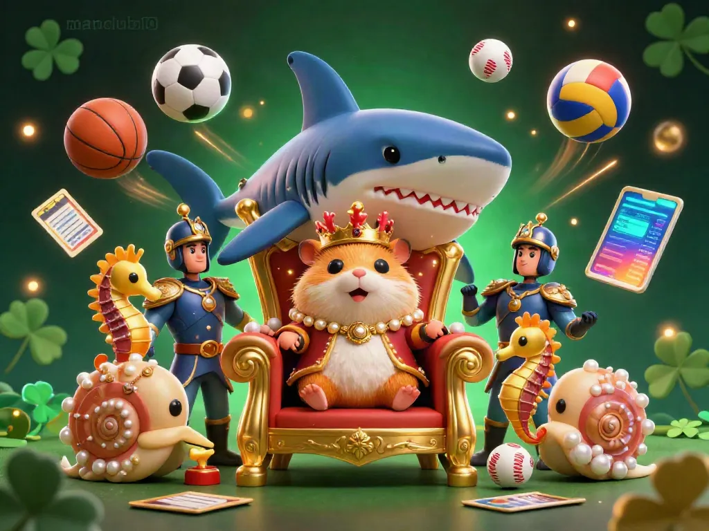 Engage with manclub10's gaming excitement featuring a golden hamster king surrounded by vibrant sports elements and dynamic action.