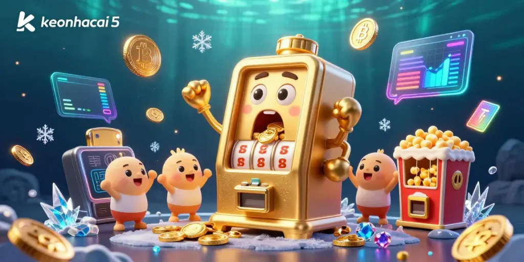 Winning with keonhacai5 as a golden slot machine hits a jackpot, surrounded by celebratory elements.