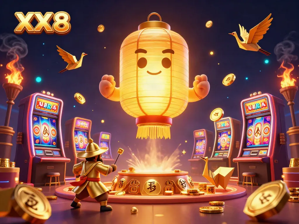 Experience the dynamic casino world of XX 8 with engaging slot machines and glowing golden characters.