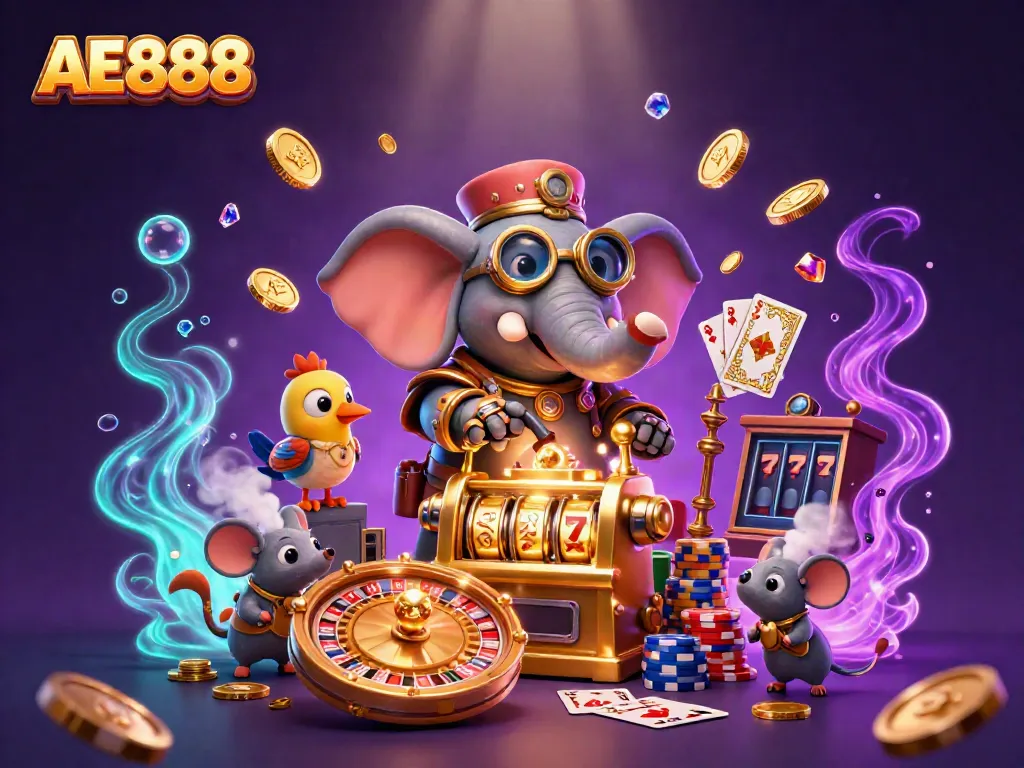 Experience the excitement of AE888 with steampunk-themed casino action in a vibrant 3D scene.