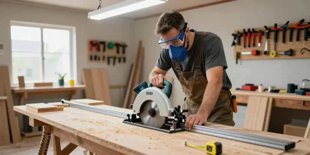 Circular saw guide rail in use by a craftsman in a well-lit workshop.