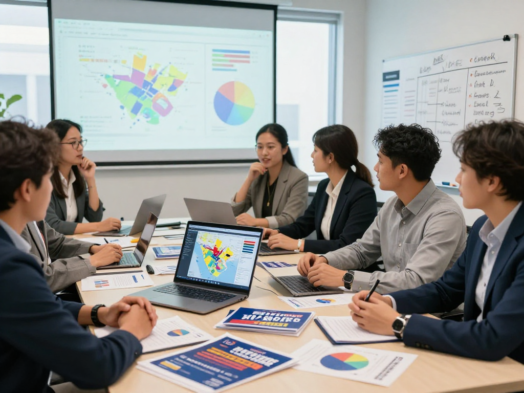 Dynamic political campaign strategy meeting with judge campaign consultant and diverse team, analyzing voter data and strategic insights.