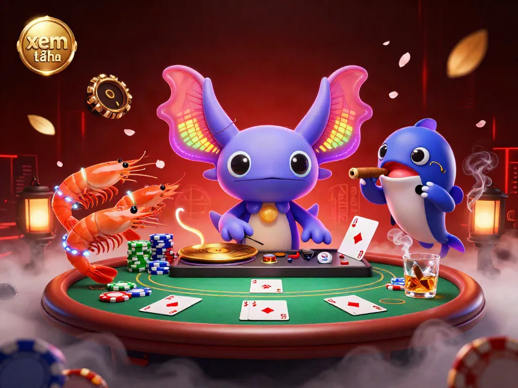 Experience exciting gameplay with xem thêm in this vibrant underwater casino illustration, featuring a neon axolotl DJ and glowing elements.